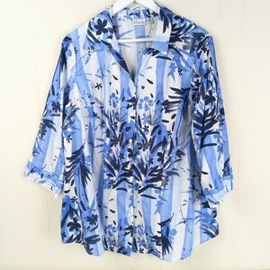 Kim Rogers White and Blue Botanical Striped Button-Down Shirt Plus Size 18W